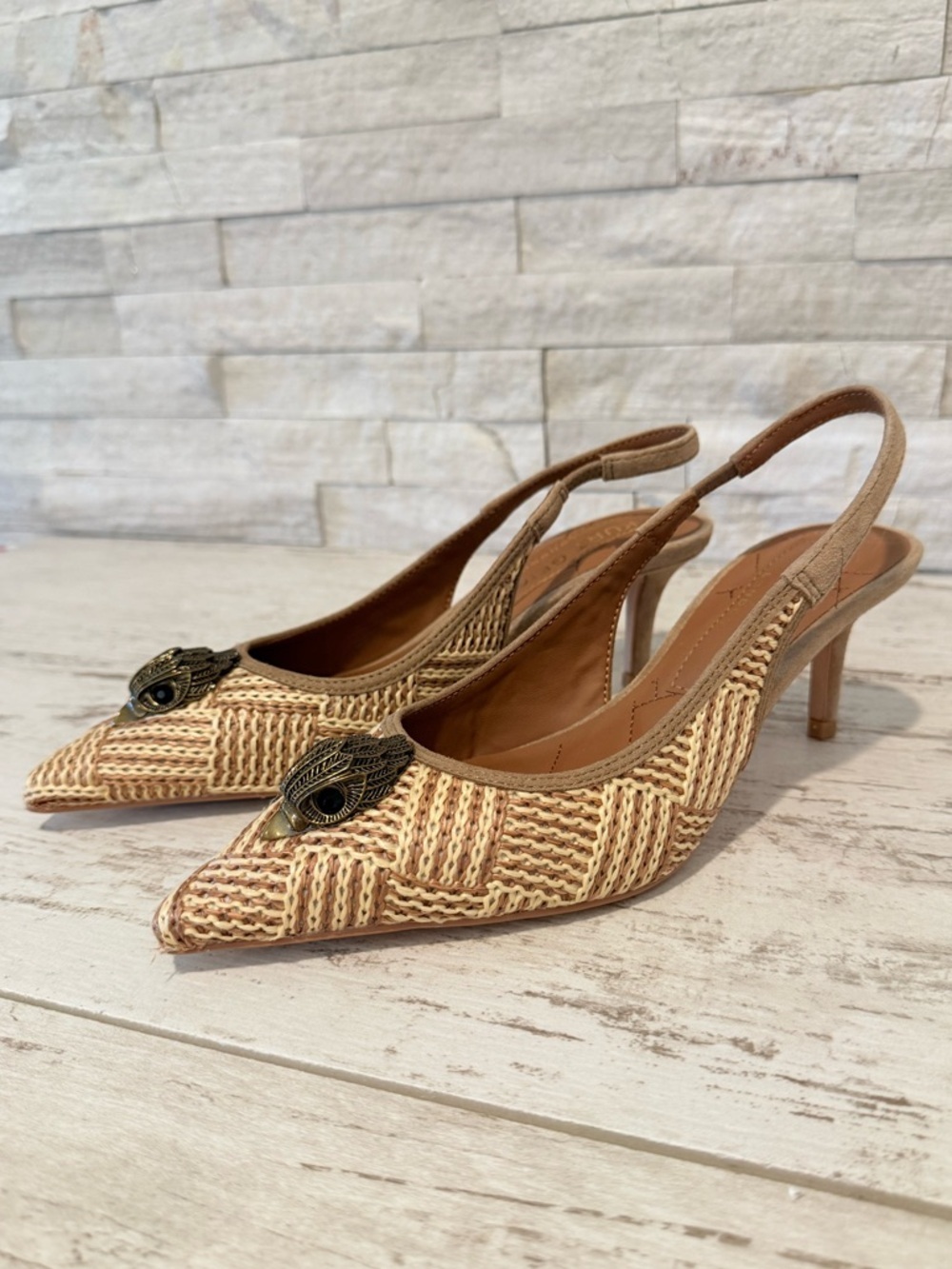 Kurt Geiger London Belgravia Slingback Raffia Woven Heels Beige Combo Size 36 EU - Picture 2 of 15